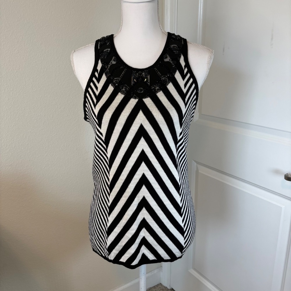 Cache Womens Black White Chevron Knit Tank Top Embellished Lace Neck Size M